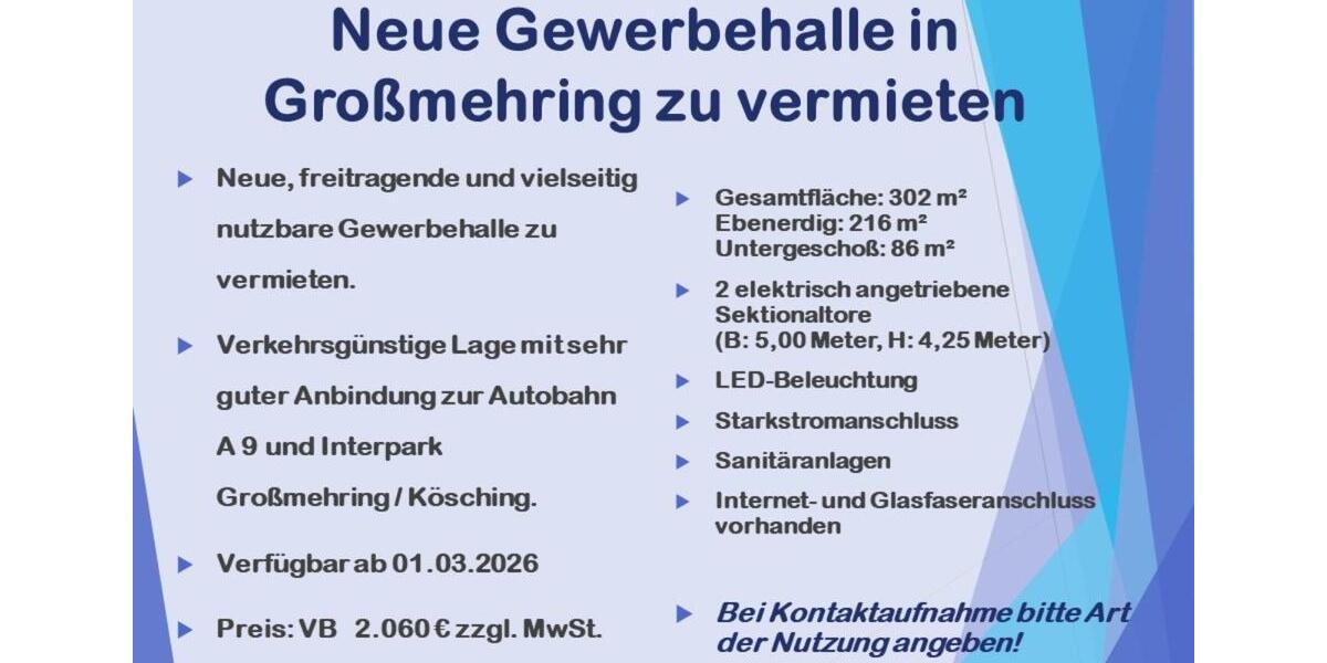 Gewerbeobjekt Großmehring - 2.060&euro; | Angebot:25176661