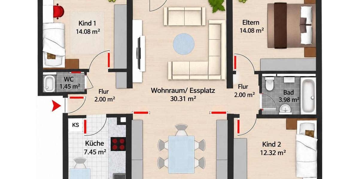 Etagenwohnung Ingolstadt Friedrichshofen-Hollerstauden - 4 Zimmer, 100 m&sup2;, 449.550&euro; | Angebot:27598337