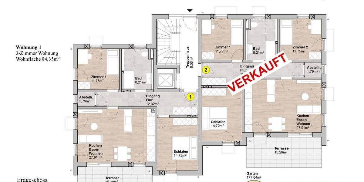 Terrassenwohnung Ingolstadt Südost - 3 Zimmer, 85 m&sup2;, 532.000&euro; | Angebot:25780406